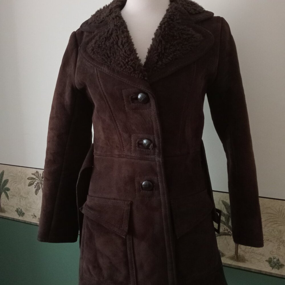 Vintage 1970s Suede Shearling Chocolate Brown Penny Lane  Belted Coat - Picture 5 of 6